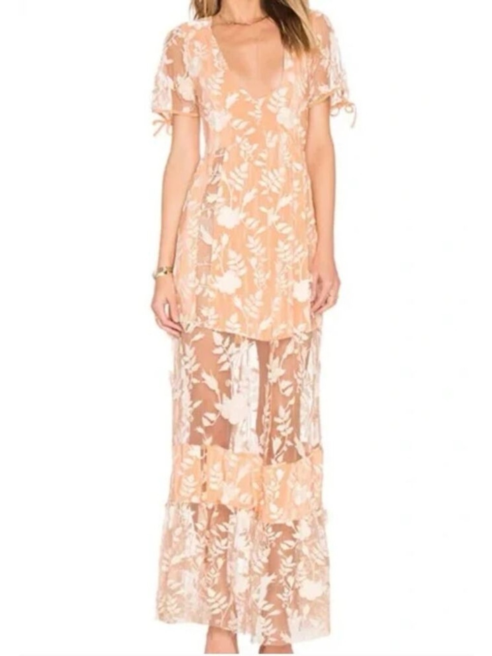 For Love & Lemons Mia Maxi Dress in Peach Floral Sheer Mesh Panels Size Medium - Picture 3 of 12